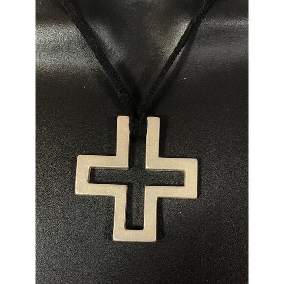 Silver Tone Cross Necklace Leather Cord Statement Cutout Square Express Vintage - Picture 6 of 7